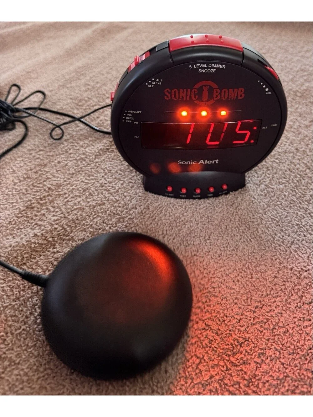Sonic Bomb Dual Extra Loud Alarm Clock with Bed Shaker, Black & Red | Sonic